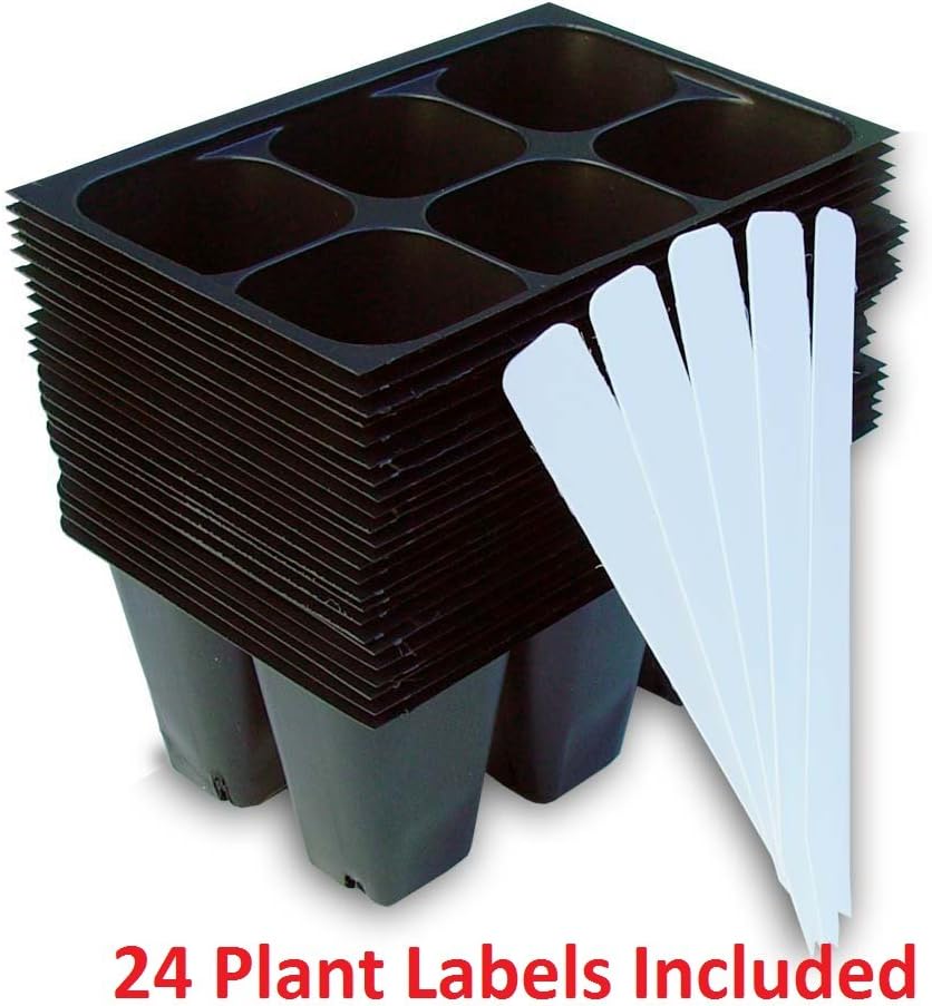 HIDGrow - Seedling Starter Trays, 144 Cells: (24 Trays; 6-cells Per Tray), Plus 24 Plant Labels