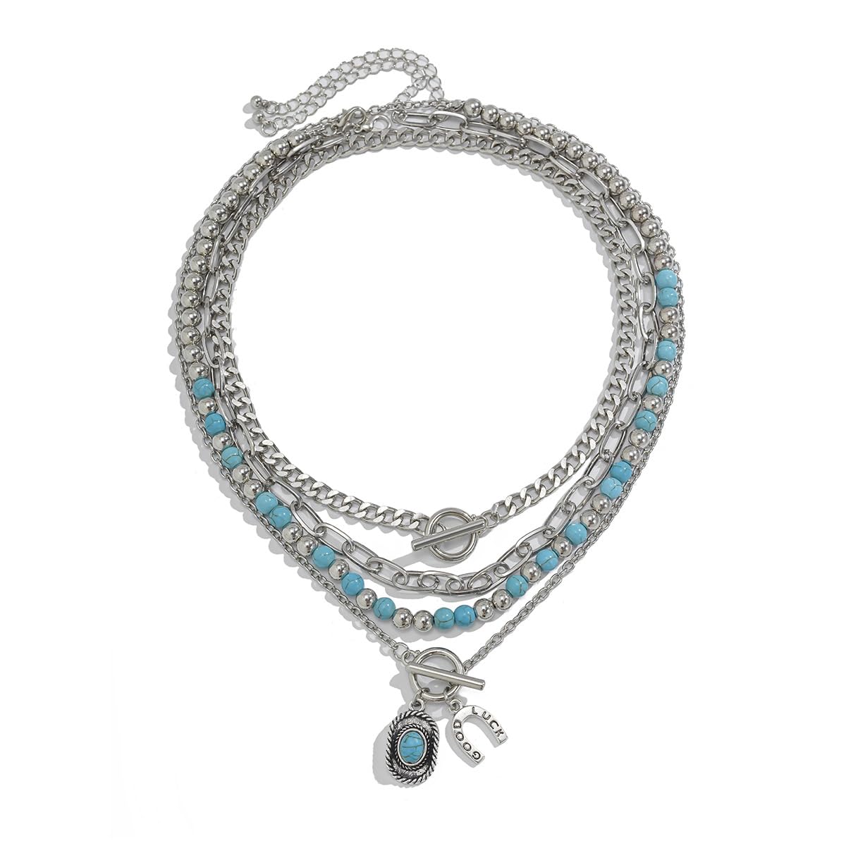 Todu 3PCS Boho Western Necklace for Women Turquoise Beaded Cactus Horseshoe Chunky Layered Stack Pendant Necklace Western Country Concert Jewelry for Cowgirl Cowboy