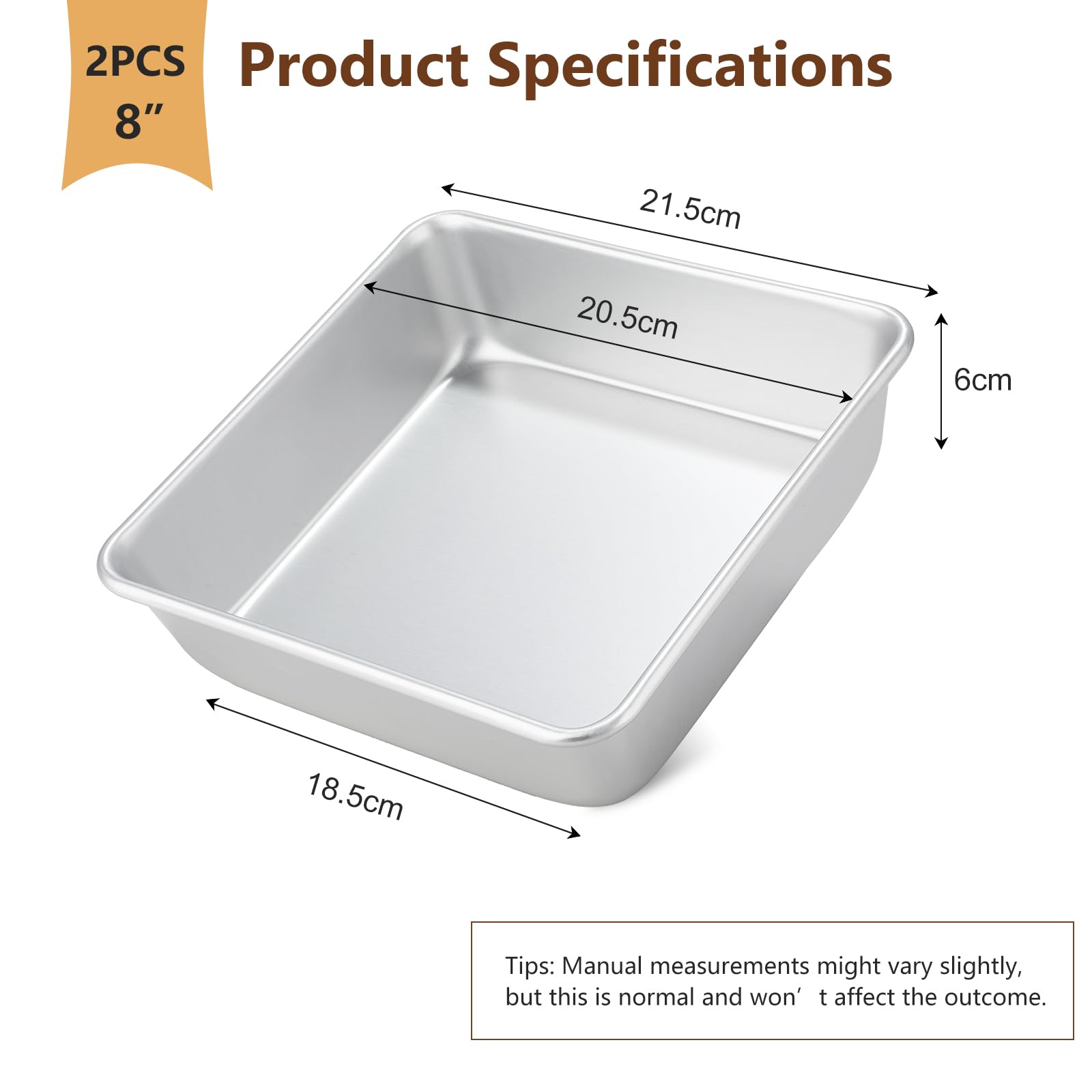 Lot de 2 Moule à Gâteau Carré (21,5 x 21,5 x 6 cm), Moule à brownie en Aluminium Anodisé, pour la Cuisson de Gâteaux et Tartes, Argent
