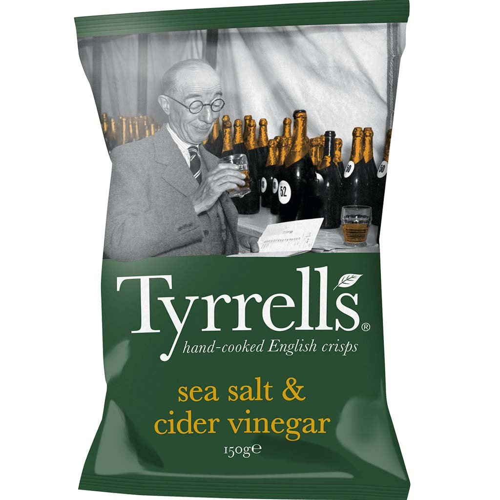Tyrrells Crisps SEA SALT & CIDER VINEGAR 150g (Multipack BOX of 8 Bags) - Hand-cooked & spun for an exquisite fresh taste. No artificial ingredients (No artificial flavour, colours or MSG)