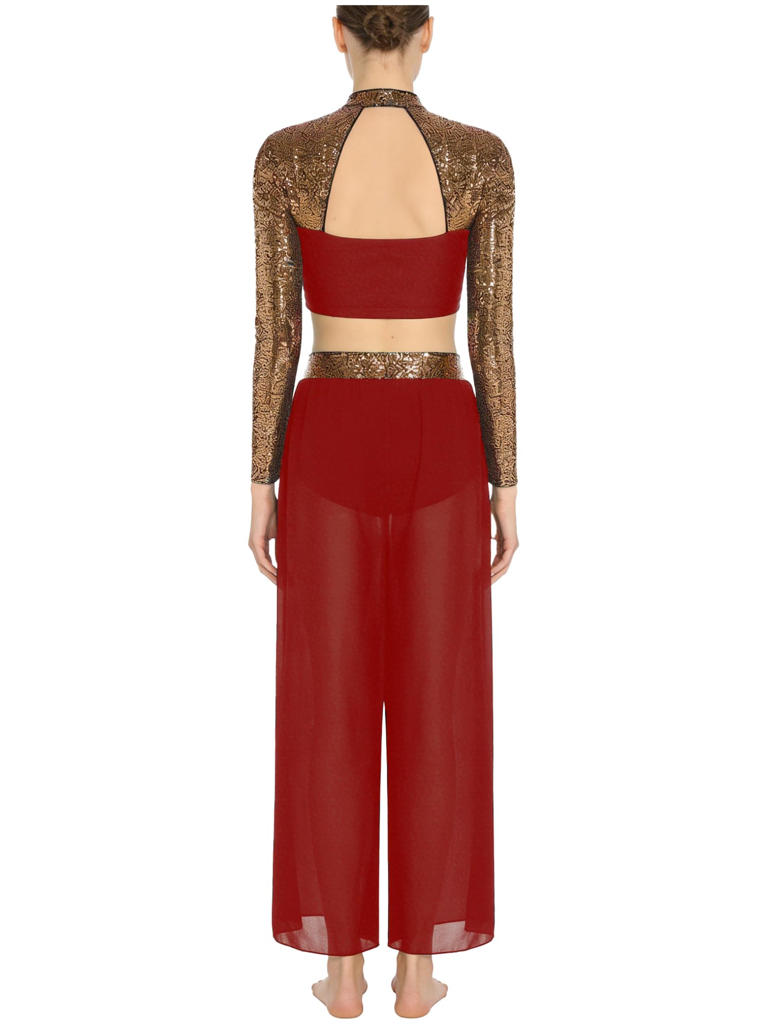 Conjunto de Traje de Baile Jazz para Mujer con Lentejuelas Crop Top de Manga Larga y Pantalones Traje de Gimnasia Rítmica Conjunto de Baile Lírico S-XXL borgoña XXL