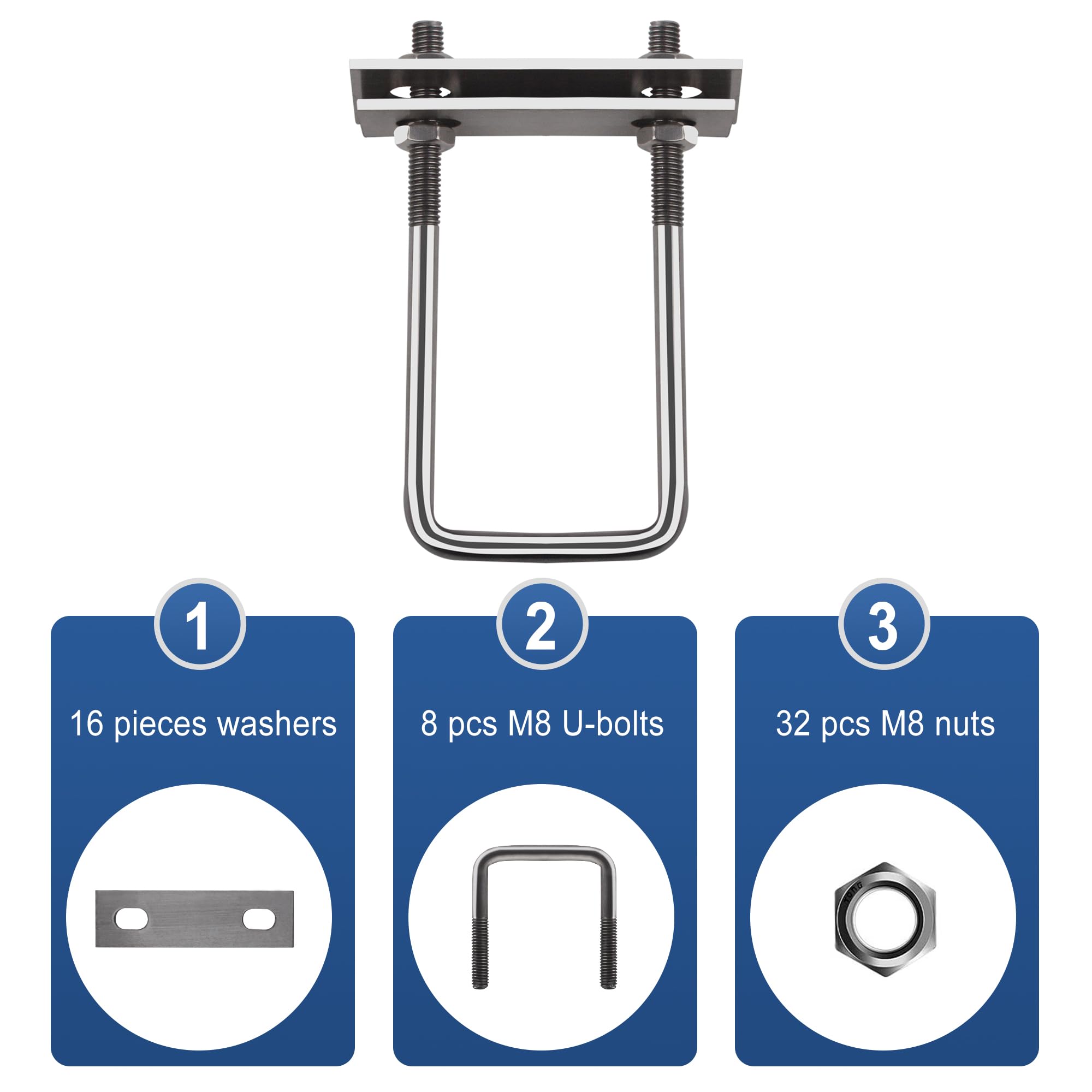 8 Piezas Perno en U, Pernos U Cuadrados M8 x 50 x 130mm, Con Tuercas Placas Arandela, Para Jardines, Patios, Instalación de Autocaravanas, Tuberías, Dispositivos Solares Fijos