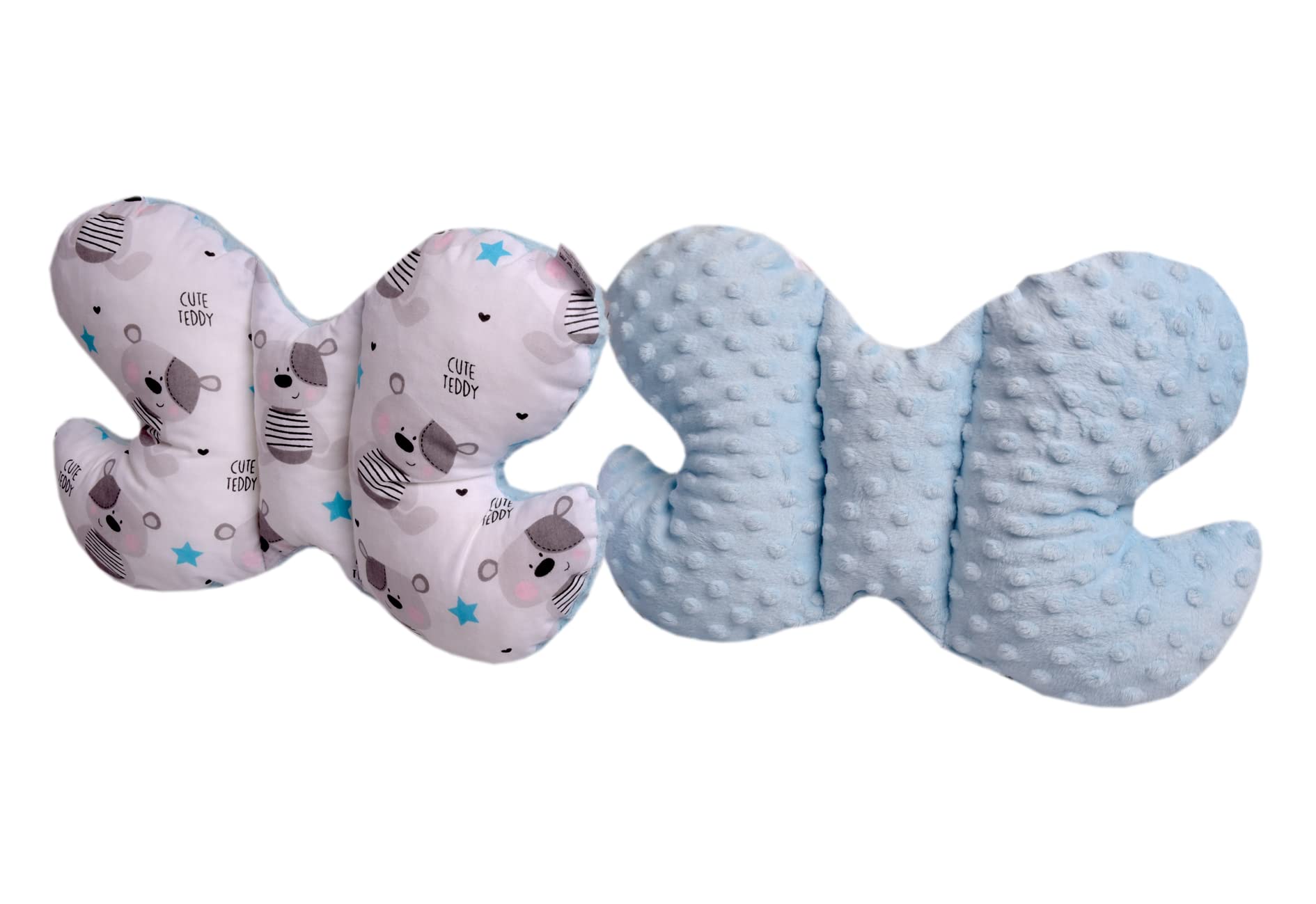 Medi Partners KOPFKISSEN Kinder Nacken Nackenstütze 100% Baumwolle/Minky Baby Nackenhörnchen für Auto Kinderwagen autofahrt Reisen Schlaf Hals Kissen Schlummerrolle (Teddybär mit hellblauen Minky)