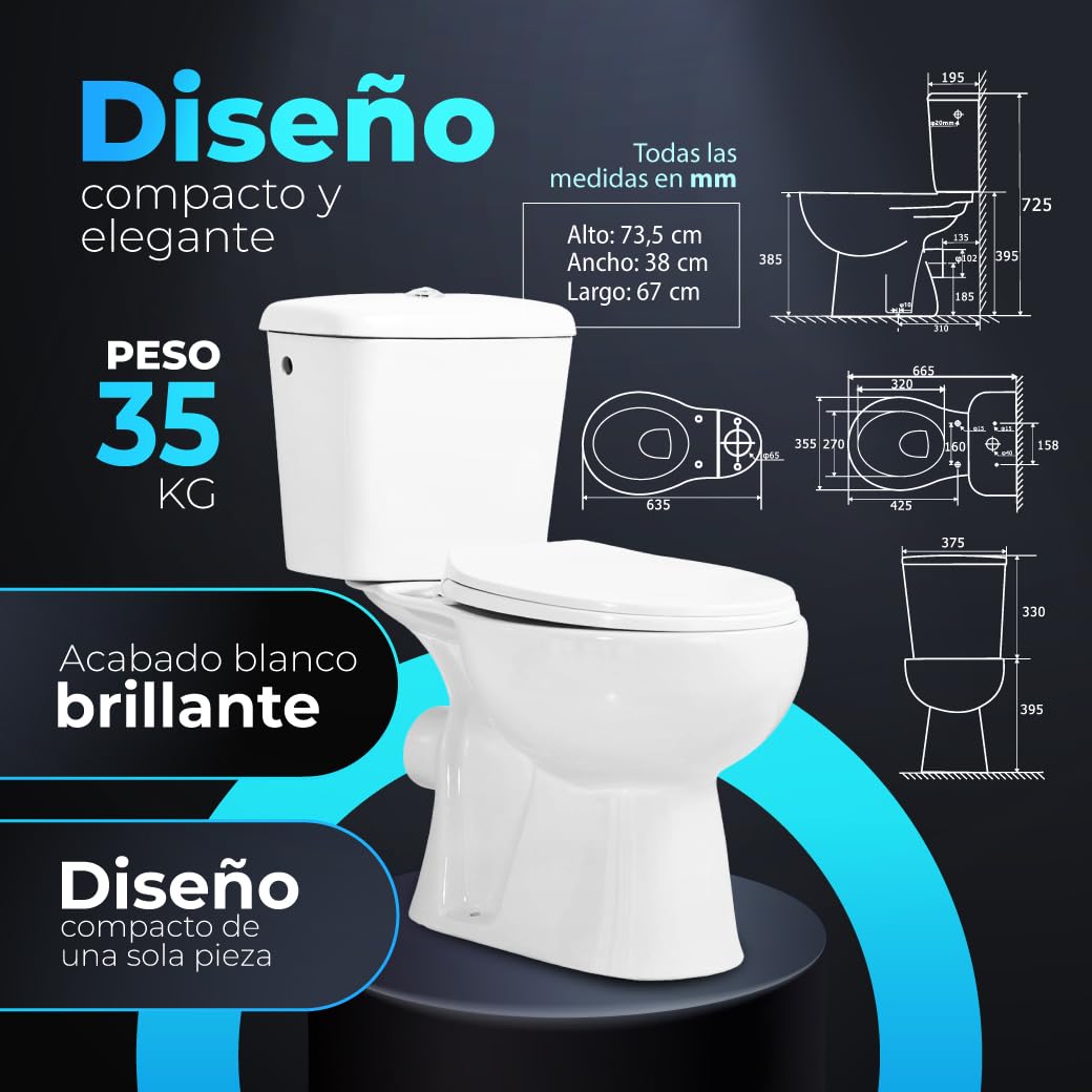 INODORO Completo con BIDET, Inodoro y Bidet Blanco, Pack Wc Inodoro, Retrete con Bidet para Hogar, Sistema Antibacterias, Tapa Dura Extrafina Amortiguada, Salida Horizontal