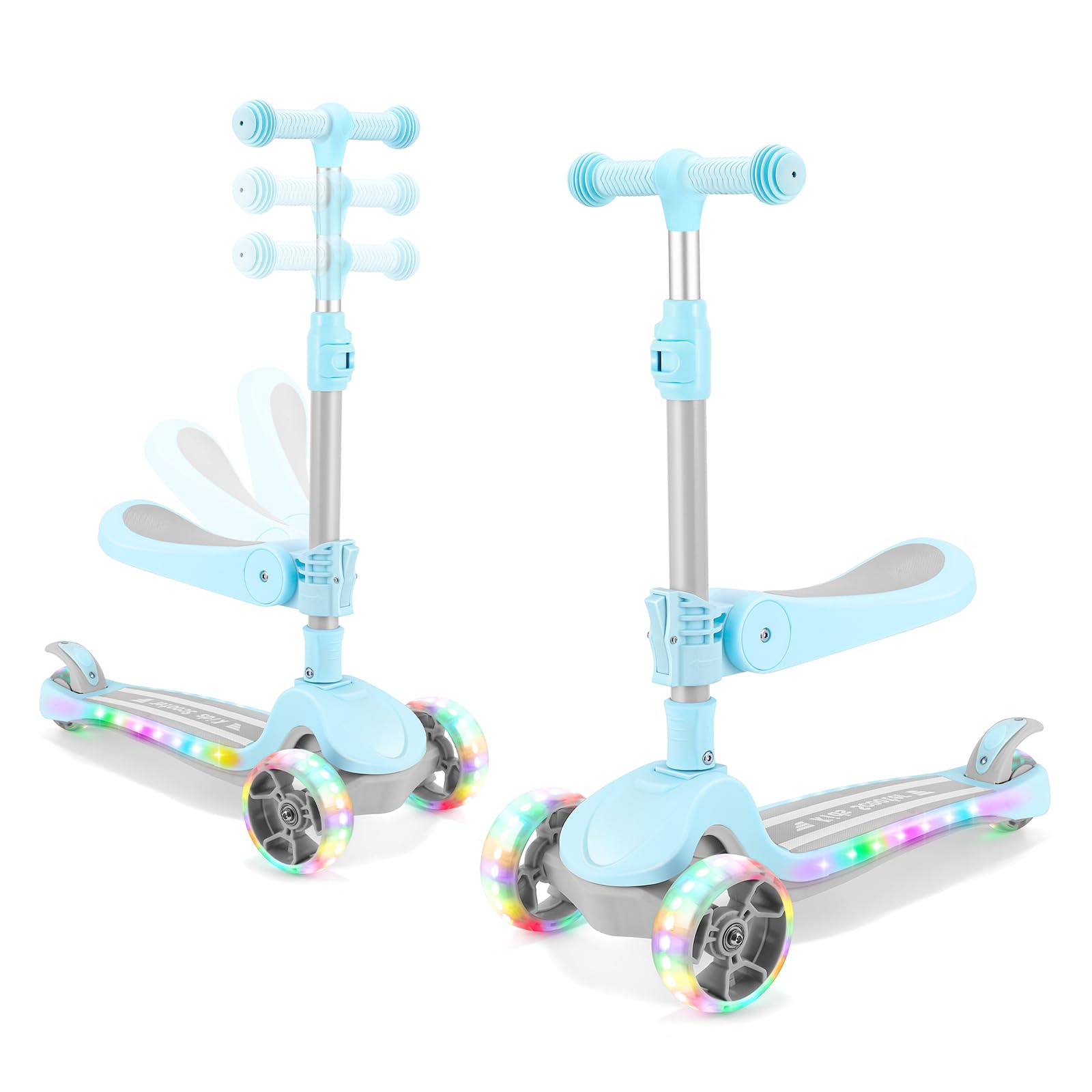 AODI 2 in 1 Kick Scooter for Kids 3 Wheel Toddler Scooter with Flip-able Seat, Easy Folding, Flashing Lights