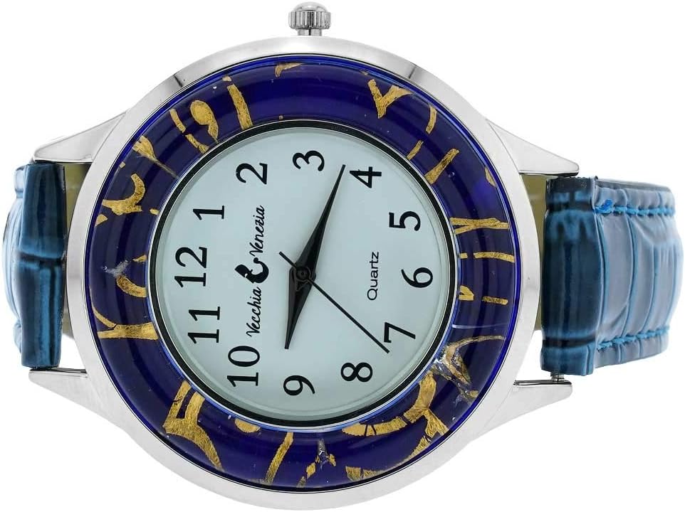 Glass Of Venice Gold Leaf Murano Glass Watch with Leather Band - Blue