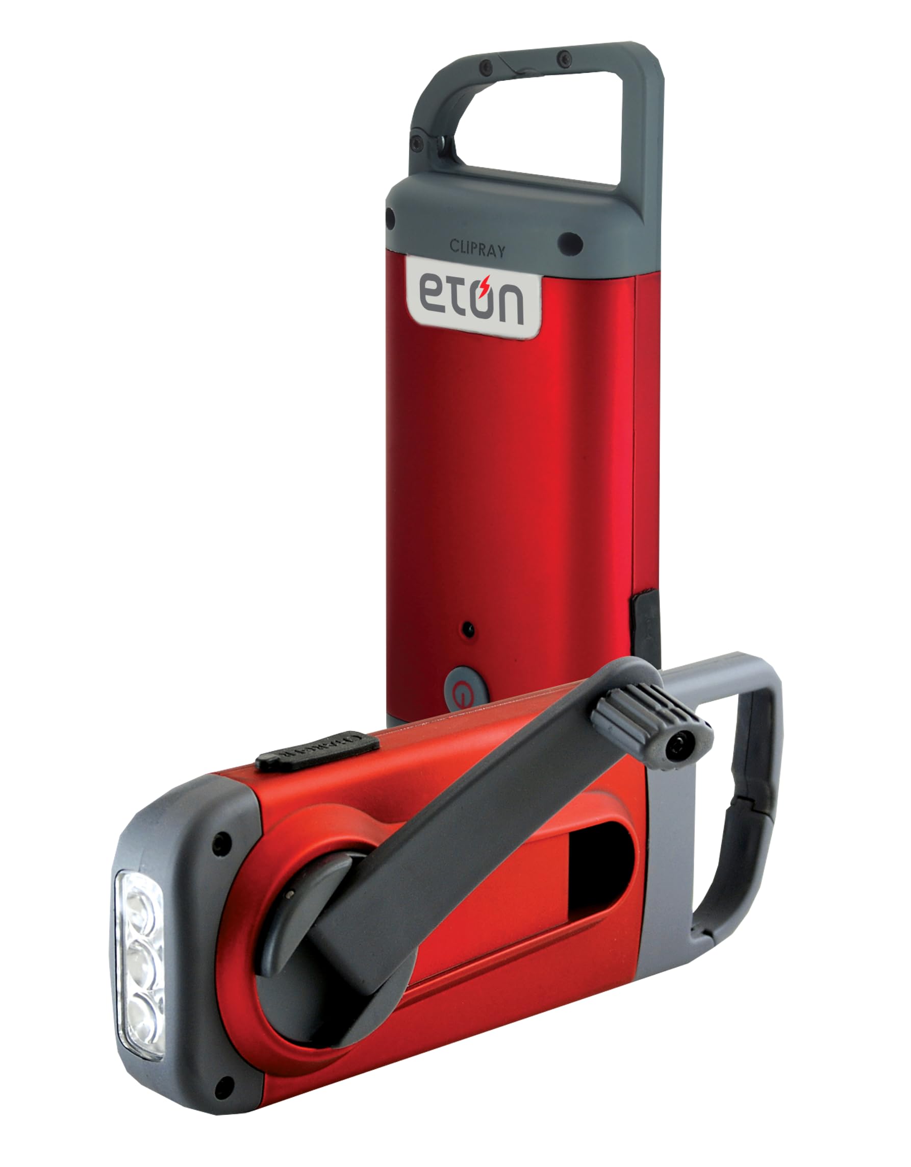 Eton Crank-Powered Clipray Flashlight & Smartphone Charger, Hand Crank Emergency Power, Portable LED Light with Carabiner Clip, Cherry Red