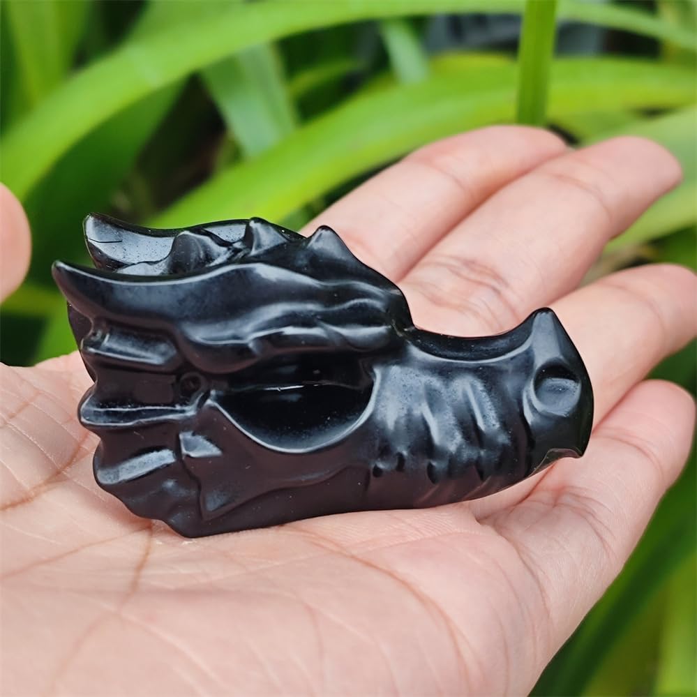 TEAMWILL 2" Natural Obsidian Crystal Dragon Head Statue Realistic Black Dragon Head Figurines Animal Sculpture Stone Statue Decor