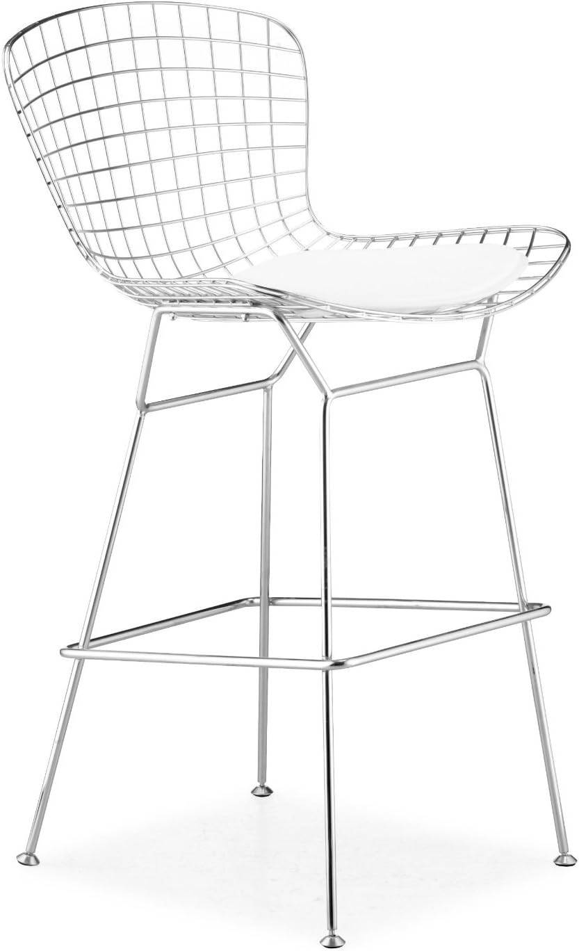 Nicer Furniture ™ Set of 1-Harry Bertoia Chromed Steel Wire Frame Bar Height Barstool with Leatherette PU Pad