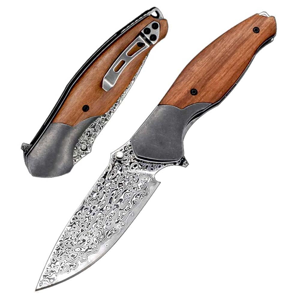 Pocket folding neck knife damaststahl, EDC Outdoor messer survival, klein taschenmesser damast klappmesser Rosenholz handliche werkzeug messer Damaszener edelstahl scharfe damaskus einhandmesser clip