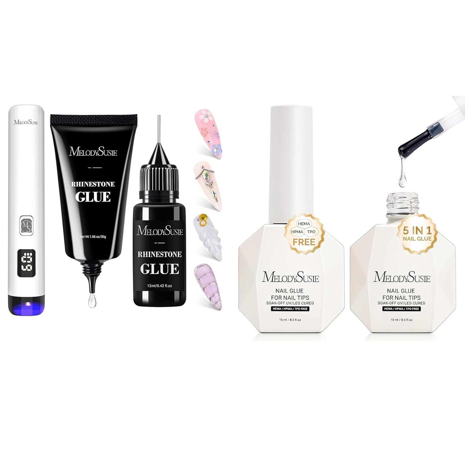 MelodySusie 3Free 5 in 1 Nail Glue Gel for False Nail Tips & Nail Rhinestone Glue and White Handheld UV Light