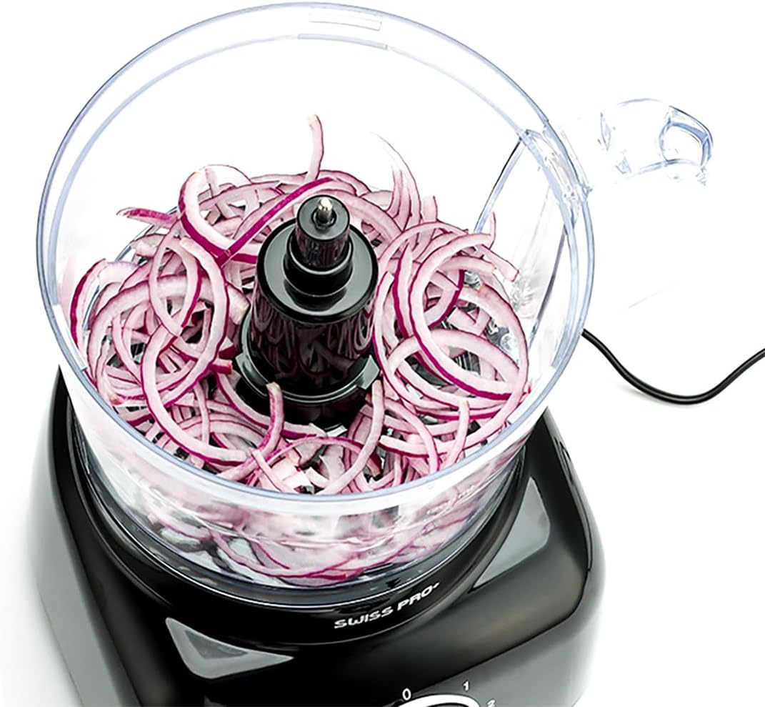 Swiss Pro+ Food Processor with chopped red onions in the bowl