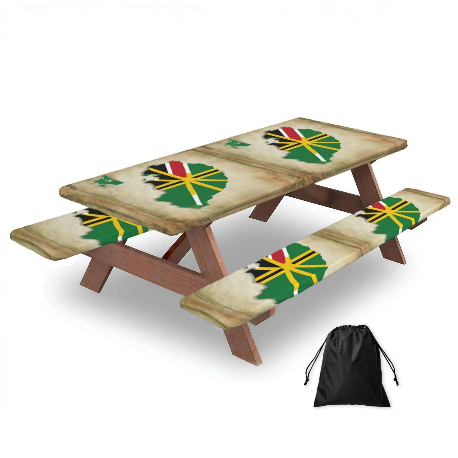 Duwaa Black Commonwealth Of Dominica Flag Map04 Print 183Cm Picnic Table Cover With Bench Covers, Waterproof Elastic Tablecloth Set For Outdoor