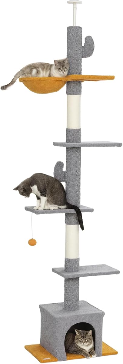 PawHut Arbre à Chat du Sol au Plafond, Hauteur 275 cm, Tour de Jeux pour Chat, 6 Niveaux, avec Plate-Formes, Niche, hamac, Balle, griffoirs, pour Grimper, gratter et Jouer, Gris Clair