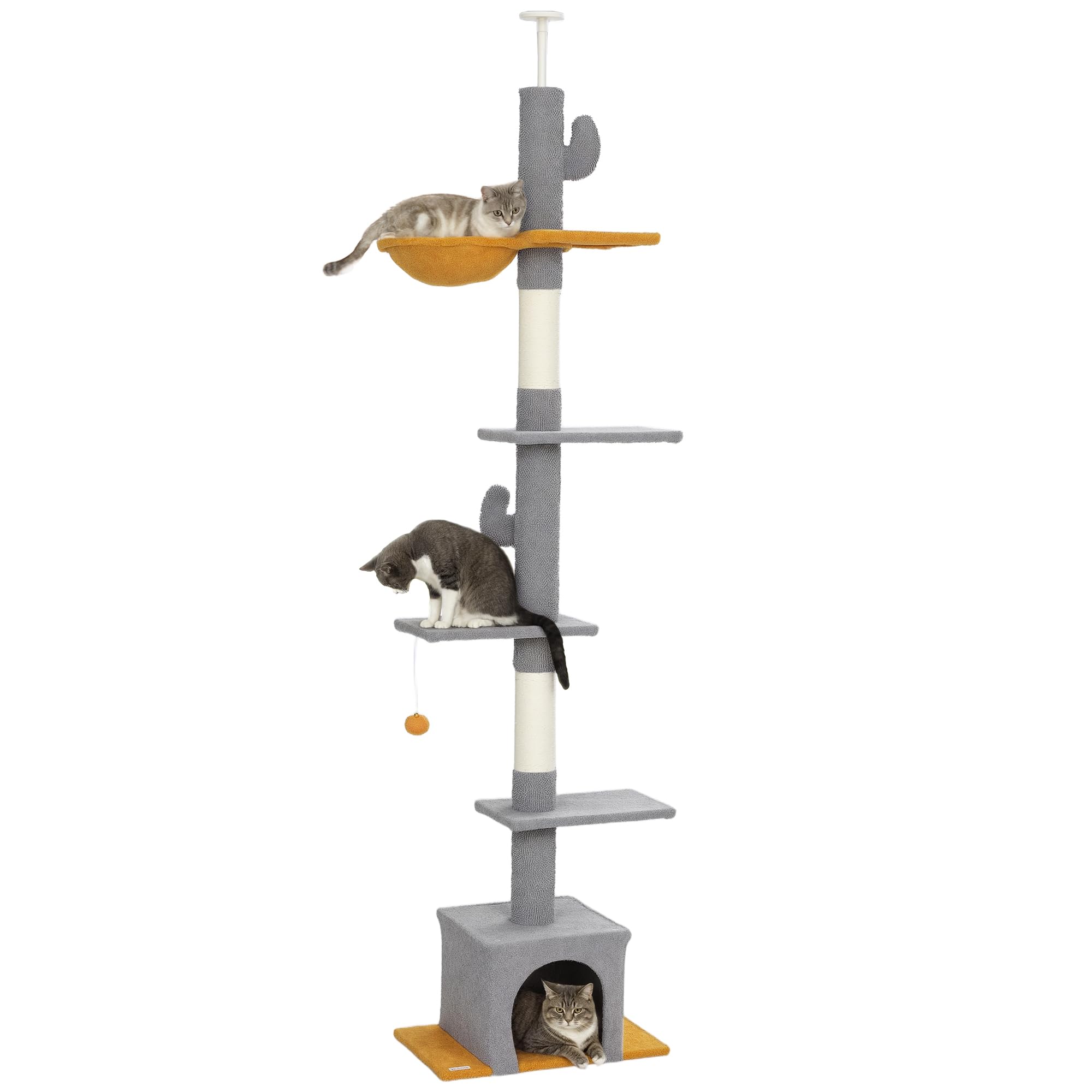PawHut Albero per gatti da pavimento a soffitto, altezza 275 cm, torre gioco per gatti, 6 livelli, con piattaforme, cuccia, amaca, palla, tiragraffi, per arrampicarsi, graffiare e giocare, grigio | Torre gioco per gatti, piattaforme, nicchia, palla, tirag
