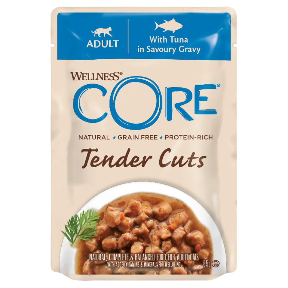 Wellness CORE Tender Cuts 6 x 85g, Multipack Saumon/Thon/Crevettes – Tendre Morceaux pour Chats Adultes, sans Céréales, Naturelles, Hypoallergénique, Riche en protéines, À Haute Teneur en Poisson,