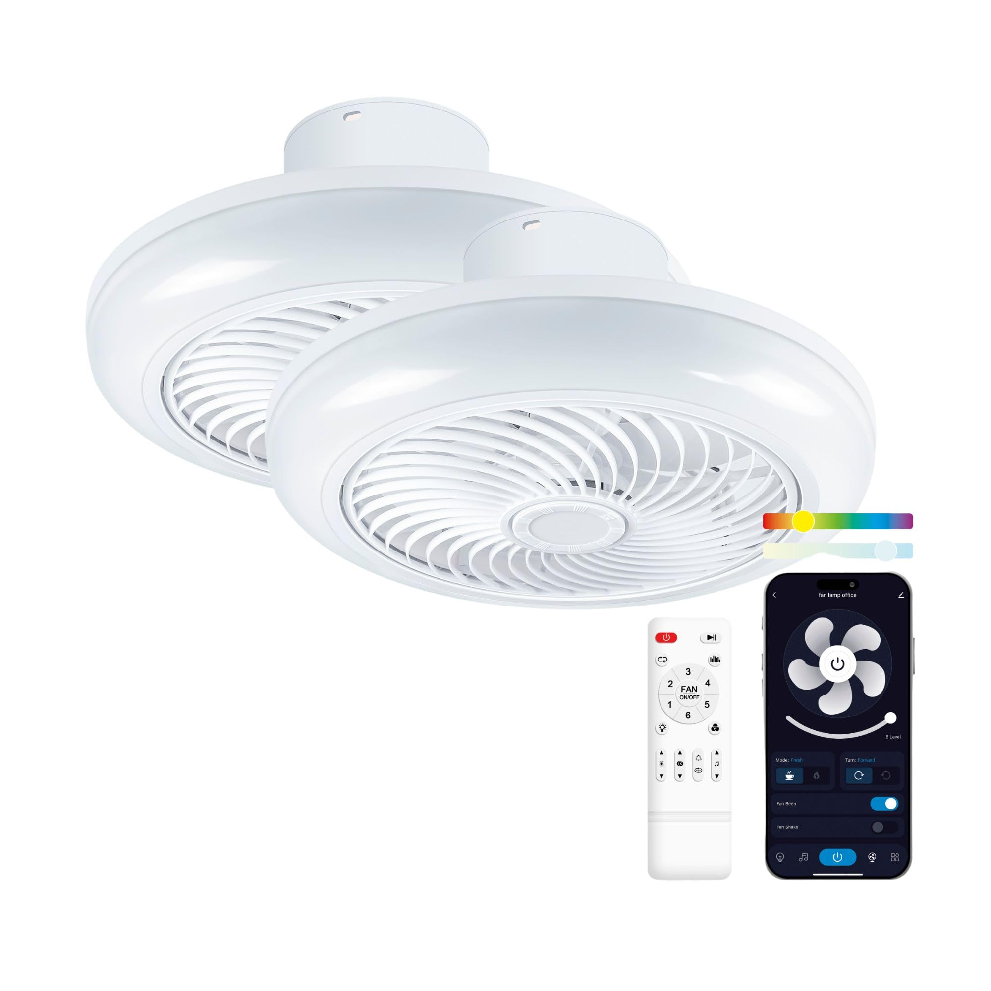 KSIX Siroco Pack x2 Ventiladores de Techo con Luz y Altavoz, Mando a Distancia y App, Sin Aspas, Ø46 cm, 6 velocidades, Luces RGBIC+CCT, 3.000 lm