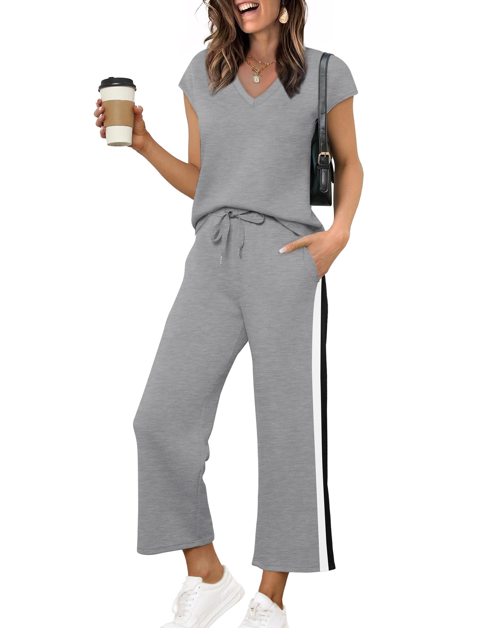 Saloogoe Two Piece Sets for Women Summer Outfits Lounge Sets V Neck Tops Wide Leg Pants Woman Vacation Travel Outfits