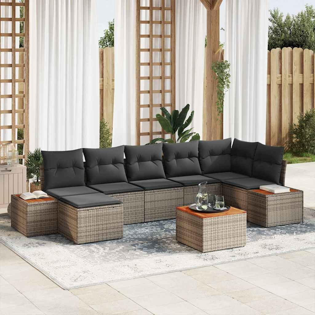 Juego de 8 sofás de jardín de polirratán gris con cojines y bolsa de almacenamiento, sofá modular para exteriores para terraza y jardín, resistente a los rayos UV y robusto con revestimiento