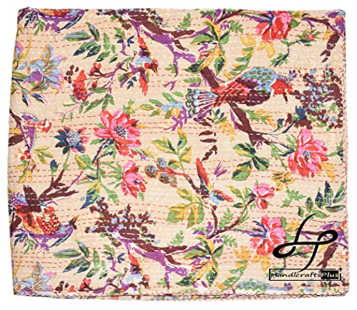 Handicrafts Plus Kantha Home Decor Bedsheet Beautiful Bird Print Coverlet Beige Color King/Queen Size Kantha Bedding 90x108''