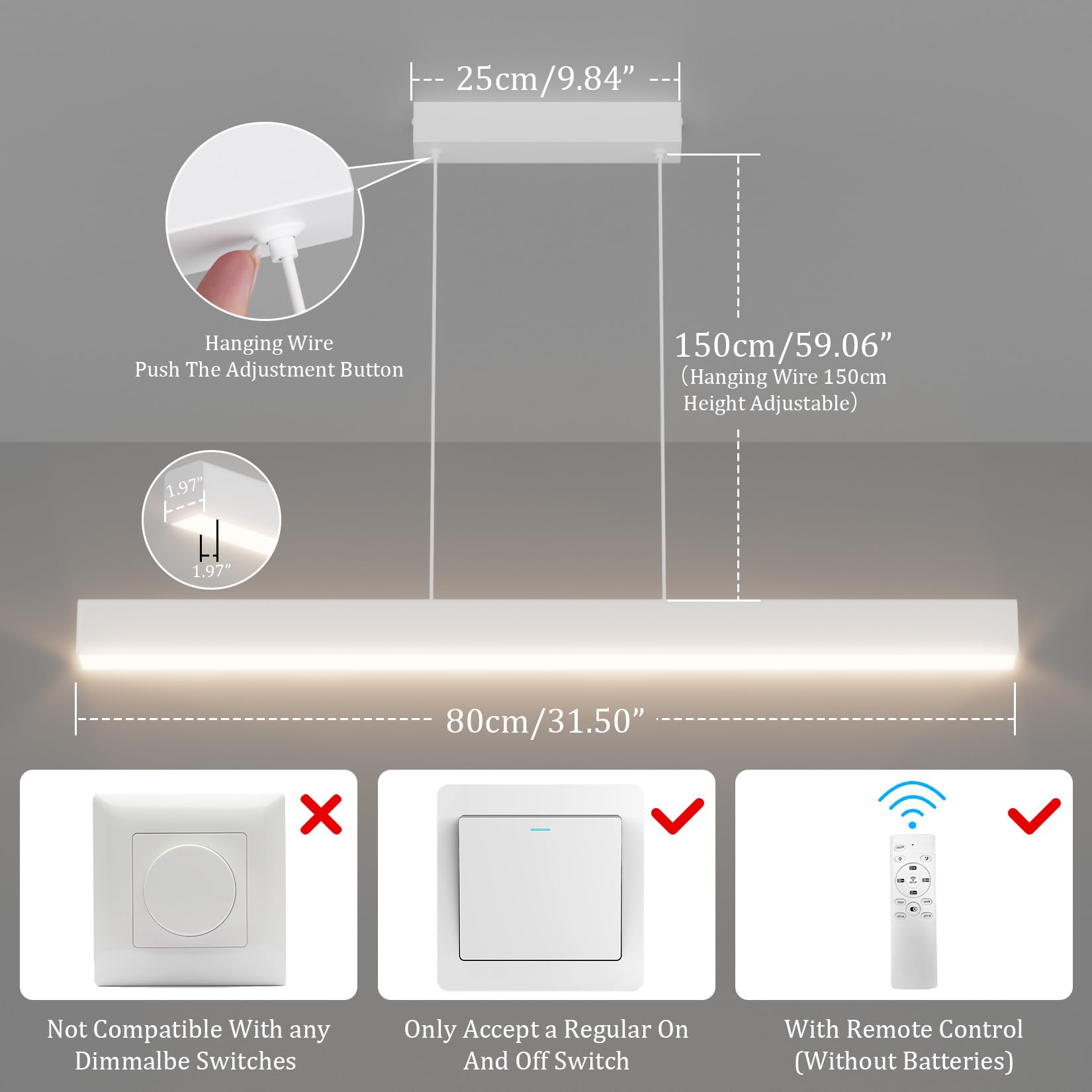 Klighten Led Lampada a Sospensione Da Tavolo Da Pranzo 80cm/24W, Dimmerabile 3000K-6000K Moderna Luce a sospensione Con Telecomando, 150cm Moderna Lineare Regolabile,per Cucina Soggiorno, Bianco
