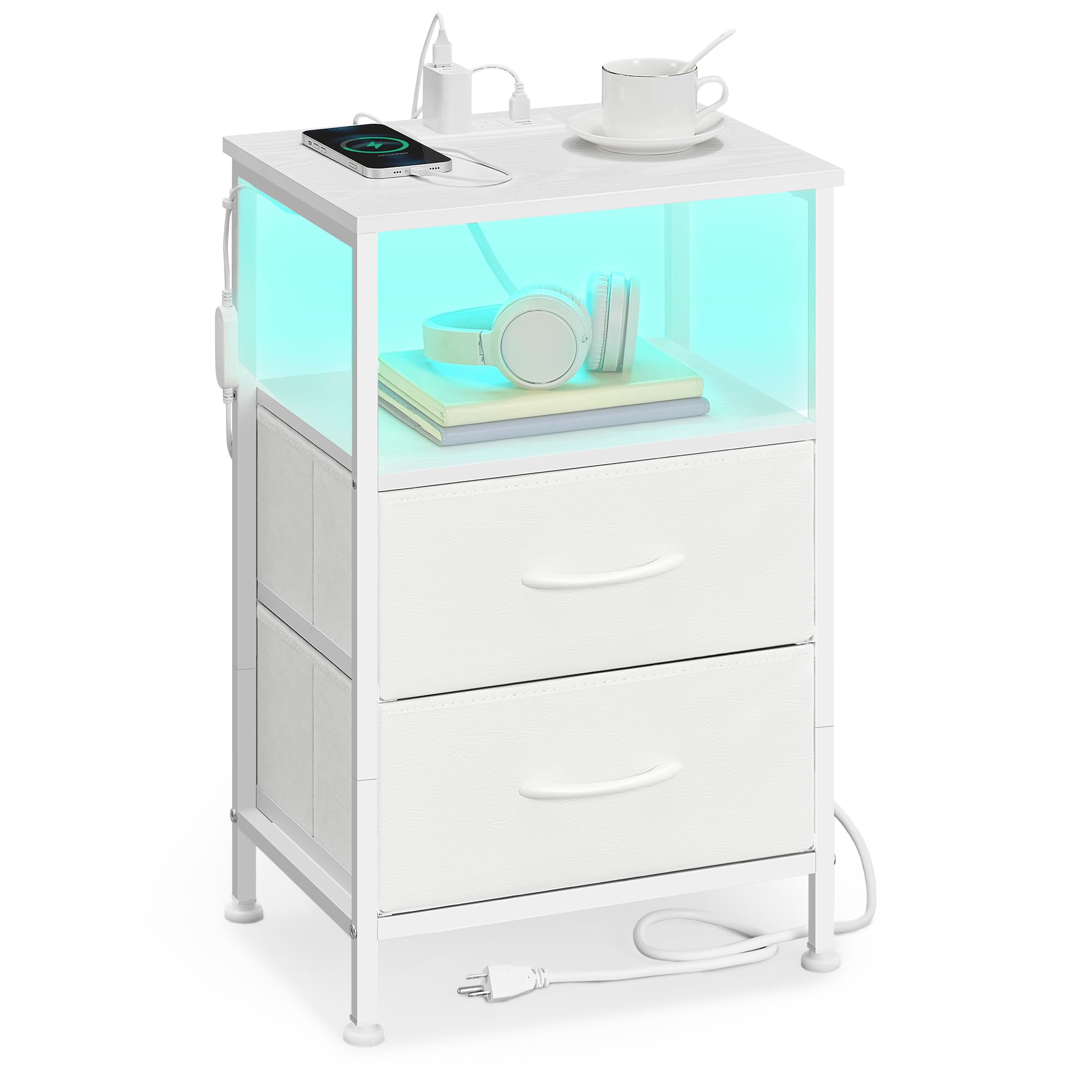 SONGMICS Nightstand with Charging Station, 2 Fabric Drawers
