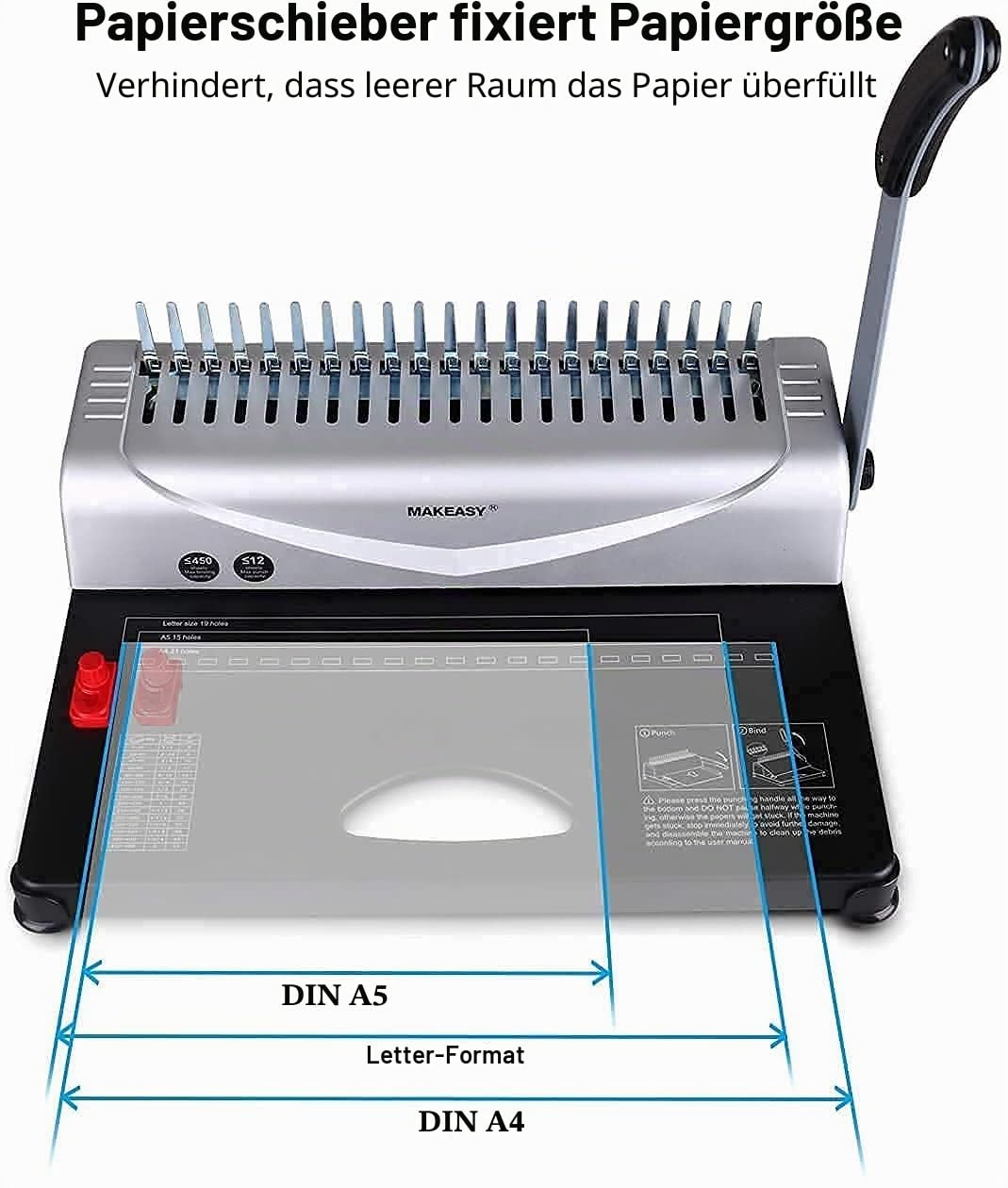 MAKEASY Bindemaschine 21-Loch bis DIN A4 | Stanz- & Spiralbindegerät für bis zu 450 Blatt | Stanzkapazität 12 Blatt inkl. 100 Plastikbinderücken Starterset | für Büro, Homeoffice & Schule