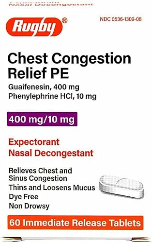 Rugby Alivio de la congestión de pecho PE Guaifenesina 400 mg  fenilefrina HCl 10 mg descongestionante nasal expectorante alivia la congestión de