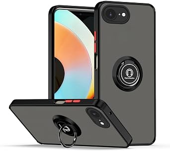 Compatible with iPhone 17e Case with Magnetic Ring Stand, for iPhone 17e Phone Case Translucent Matte Shockproof Protective Cover Black
