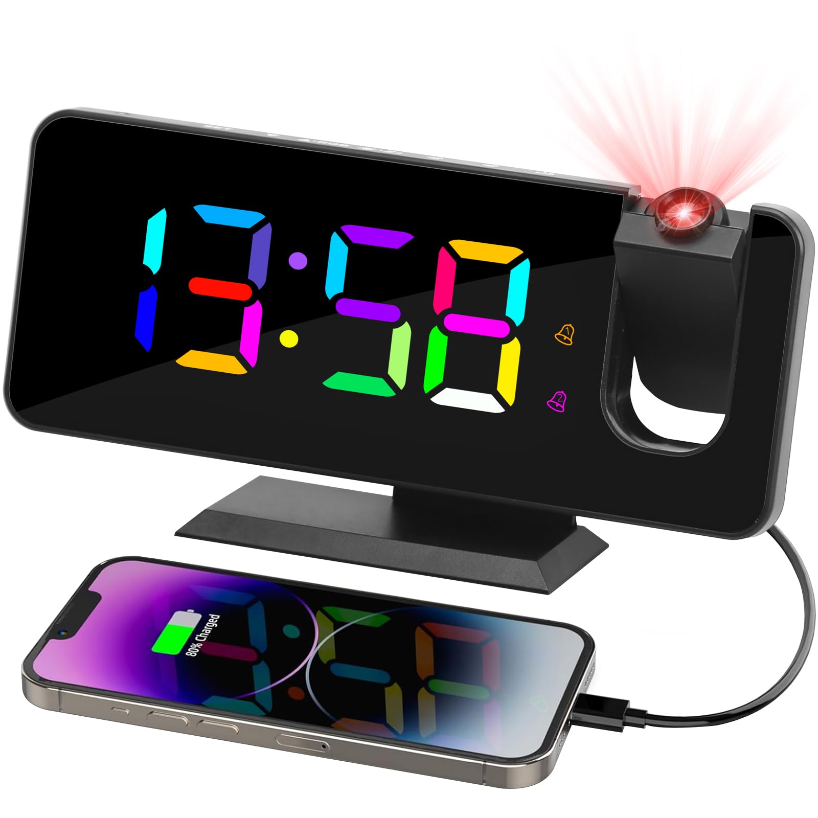 Sveglia Con Proiezione Orologio Digitale | Luce Notturna 10 Colori + USB-C | Bianco Per Camera - Foto 3