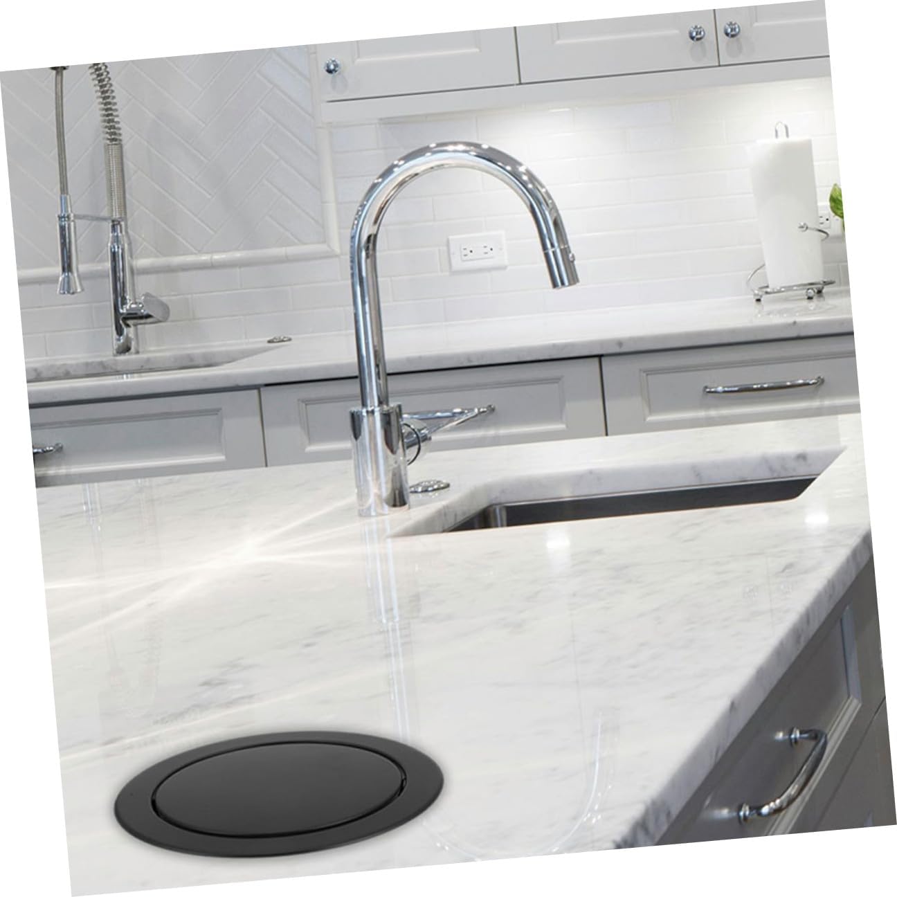 Alipis Recessed Countertop Trash Can Lid 2pcs Set, Stainless Steel Swing Flap Covers for Kitchen Bathroom Office, Black round Waste Chute Lid Fits 21-24cm Opening