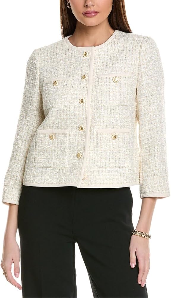 Anne Klein Tweed Framed Four Bttn Collarless Jacket at Amazon