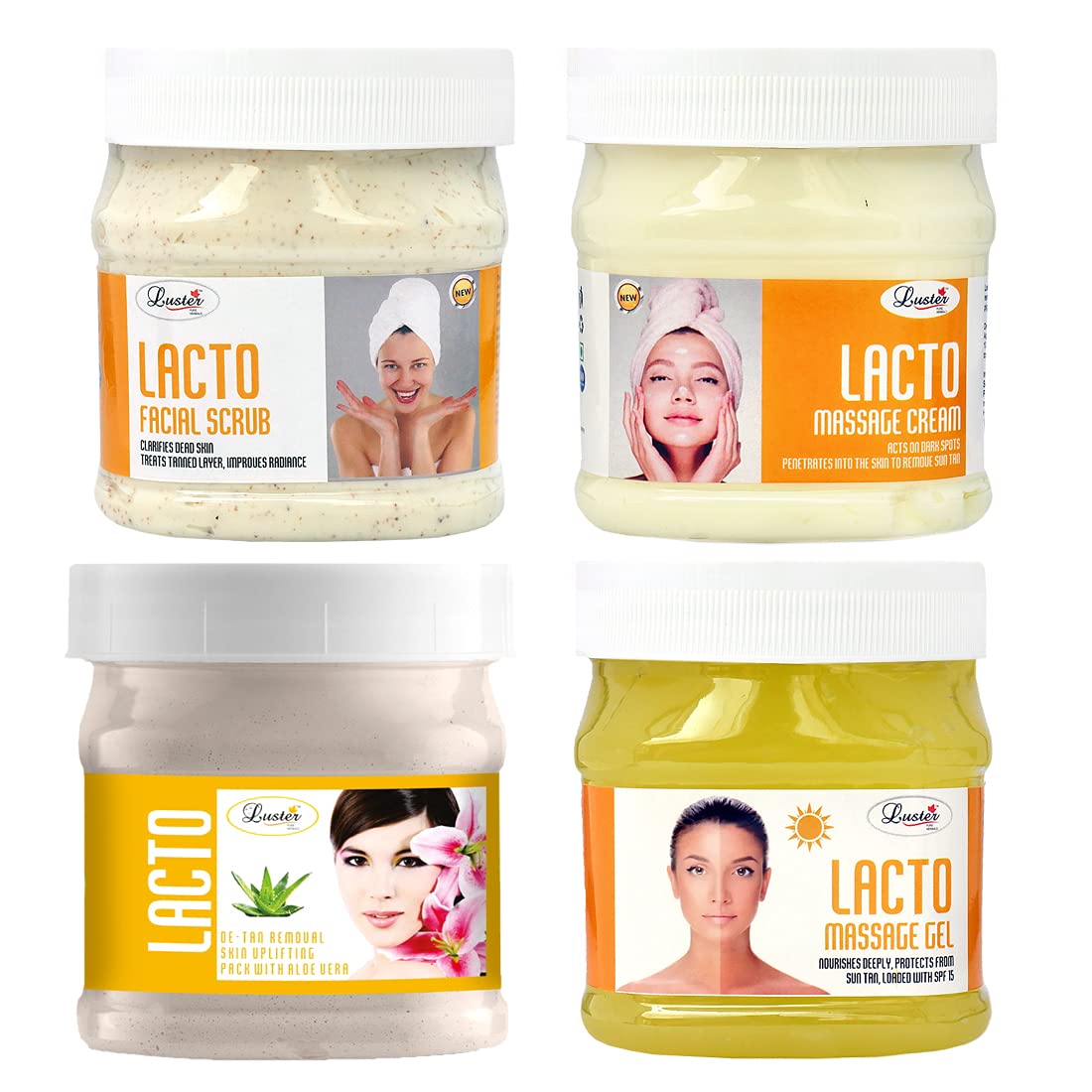 Luster Lacto Anti Tan Customized Facial Kit | Removes Sun Tan & Dark Spot | Scrub | Massage Cream | Massage Gel | Face Pack | Paraben Free - 500 ml (Pack of 4).