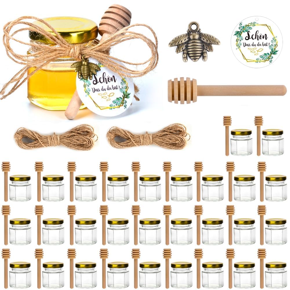 30er Mini Honiggläser 45ml Set, Gastgeschenke Hochzeit, Honiggeschenke für Babyparty und Party