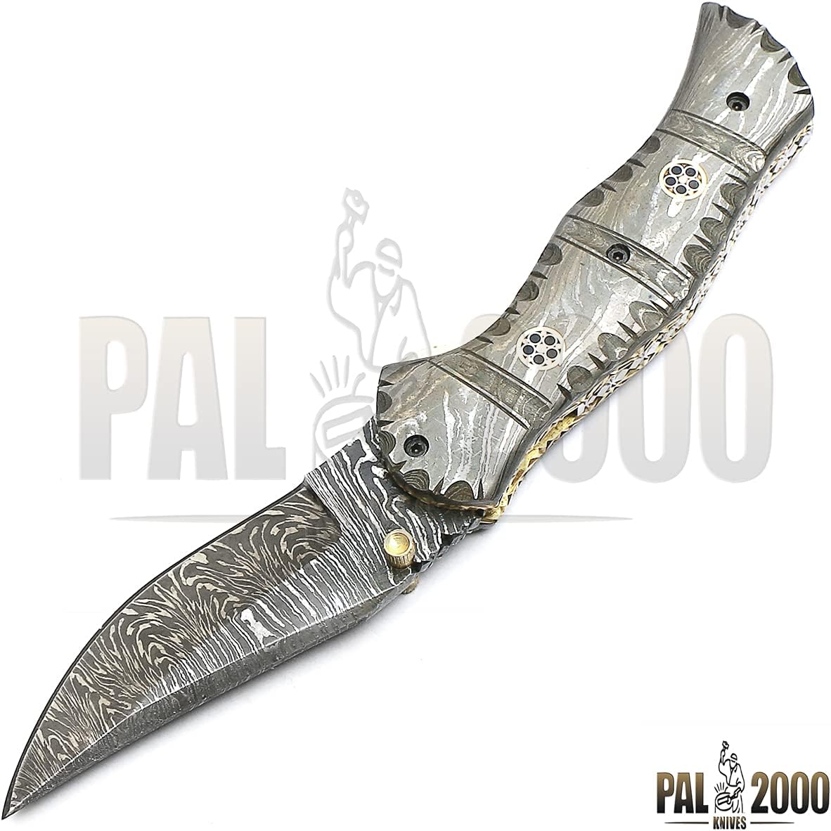 PAL 2000 KNIVES FPK-9020 Custom Handmade Damascus Steel 7.4 Inch Folding Pocket Knife Damascus Handle with Sheath