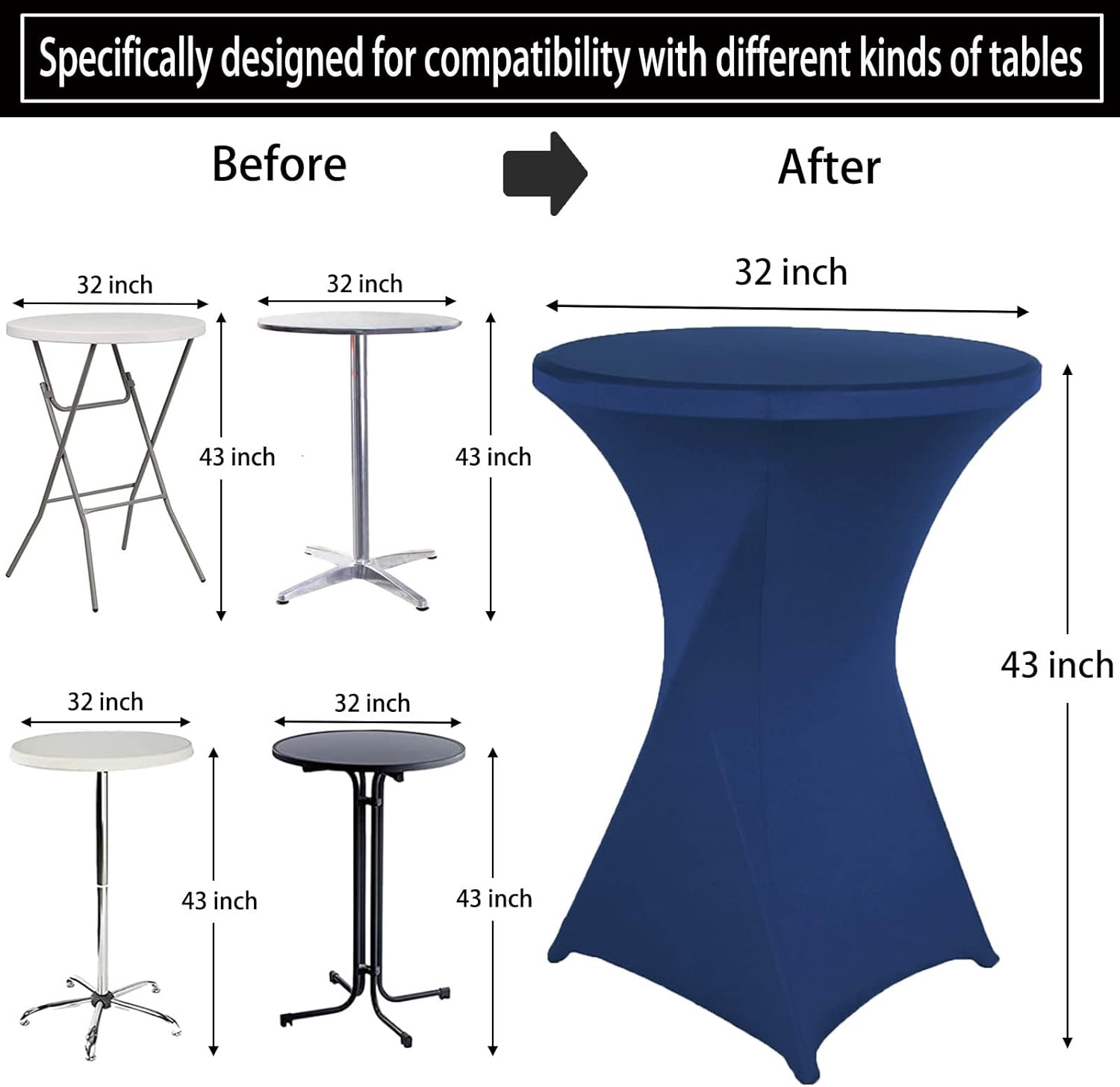 2 Pack 32x43 Inch Navy Blue Spandex Cocktail Table Covers, Fitted Round Cocktail Tablecloth, Stretch Highboy Table Cover Cloth for Wedding, Party, Banquet, Event