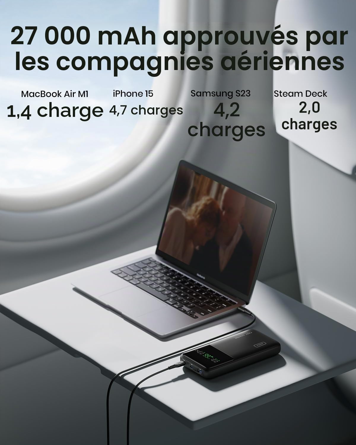 INIU Batterie Externe, 140W Power Bank 27000mAh, Batterie Portable USB C Input & Out & Cable USB C, [2m+2m] 100W 5A PD QC4 Câble USB c vers USB c Charge Rapide, Chargeur Type C de Données en Nylon