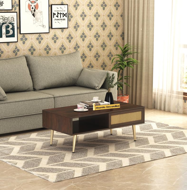 Image of MAMTA DECORATION Solid Sheesham Wood Coffee Table for Living Room | Wooden Center Table with Drawer & Open Shelf Storage for Home, Hall & Lounge | Modern Teapoy /Tea Table | Walnut Finish