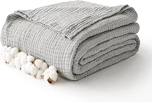 100% Cotton Muslin Blanket Twin 66" x 90", Breathable and Lightweight Cotton Twin Blankets for Couch, Soft Cooling Summer Gauze Blanket for Adults All Season, Light Grey