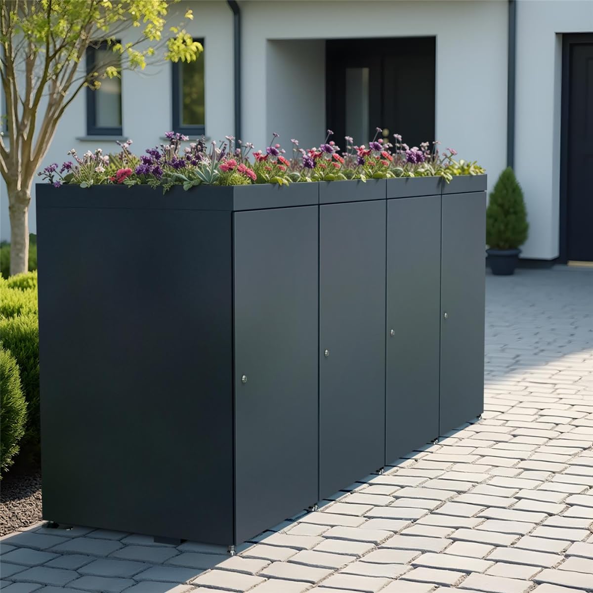 Metzler Mülltonnenbox 4er 240L in Anthrazit mit Pflanzdach | Für 4 Tonnen aus Aluminium rostfrei & abschließbar | Mülltonnenverkleidung außen mit höhenverstellbare Füße | Müllbox für Garten