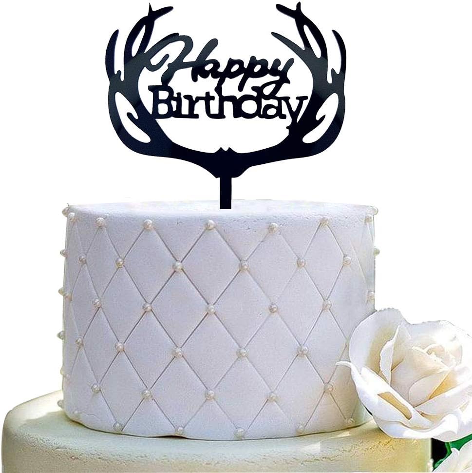 Antlers Happy Birthday Cake Topper Party Decorations (Black Acrylic)