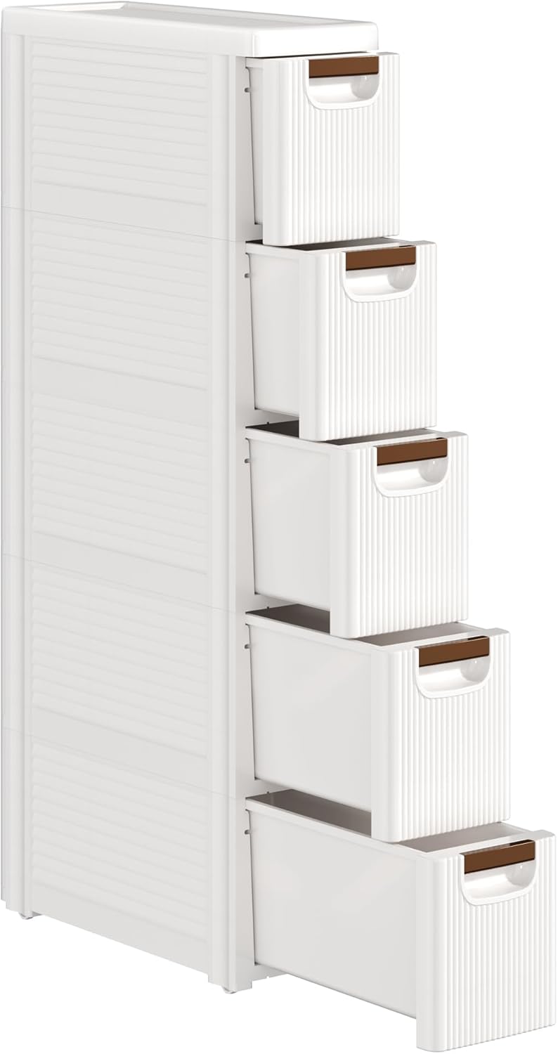 VECELO 5-Drawer Narrow Bathroom Storage Cabinet, Mobile Plastic Slim Rolling Organizer Cart with Built-in 4 Wheels for Living Room, Kitchen, Bathroom, Bedroom, Office, White(16.5" x 7.5" x 35.8")