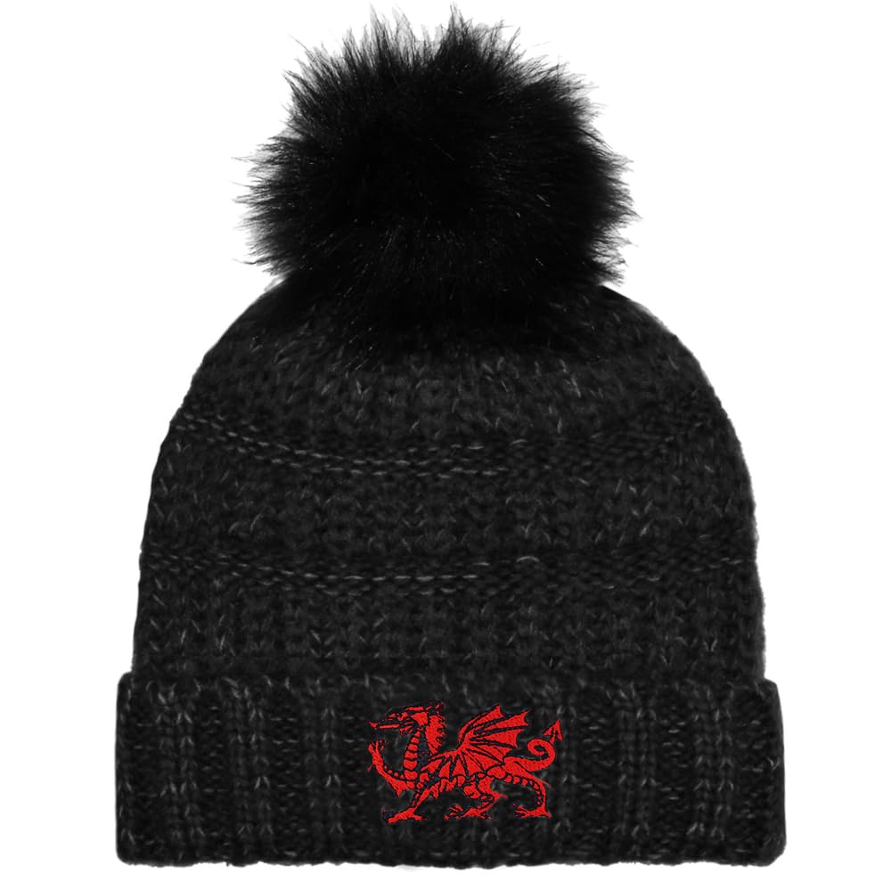 Teddyts Men's Black Adult Welsh Dragon Marl Chunky Knit Thermal Winter Bobble Hat (Charcoal), M
