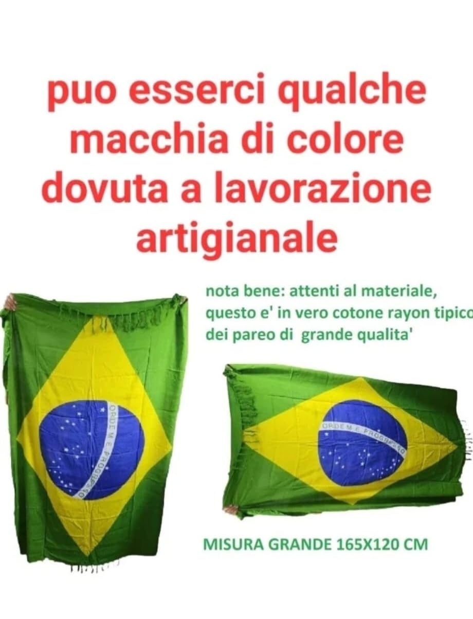 Pareo Mare Bandiera Brasile in Cotone Rayon,165x120 cm con Frange, FRESCHISSIMO E LEGGERISSIMO Tipico Cotone dei Pareo di Grande QUALITA'