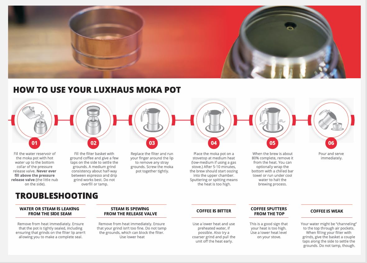 LuxHaus Moka Pot - Cafetera espresso para 6 tazas - Cafetera moca italiana y cubana 100% de acero inoxidable