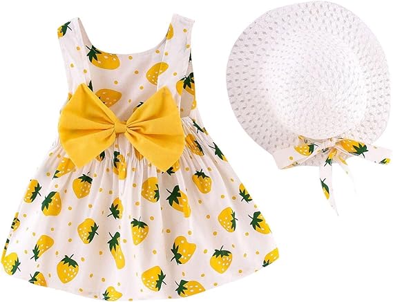 Amazon Co Jp 子供服 Regoss 女の子 ワンピース 夏 帽子付き 可愛い ベビードレス 日よけ帽 セット いちご柄 レモン柄 サマードレス ノースリーブ プリンセス ドレス ボウ キッズ服 夏服 ビーチドレス 誕生日 出産祝い こどもの日 プレゼント 服 ファッション小物