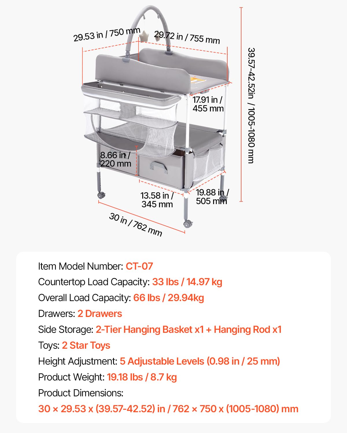 VEVOR Table à langer pour bébé, station à langer pliable avec 2 tiroirs en tissu, panier latéral et tringle, table à langer portable à hauteur réglable avec roulettes verrouillables et 2 jouets en