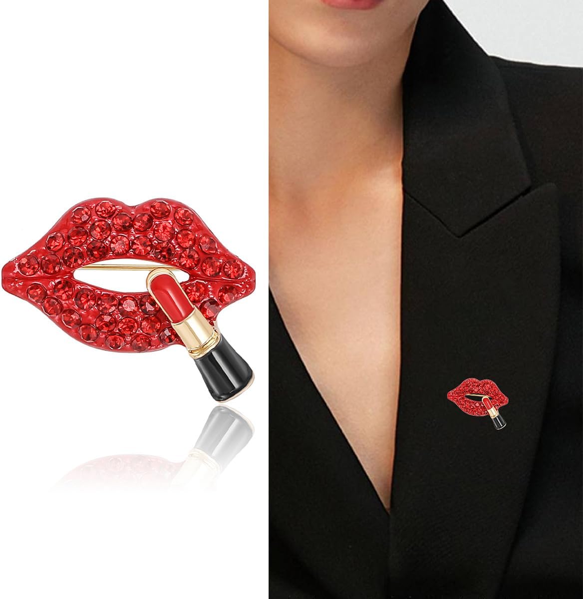 Sexy Lips Lipstick Rhinestone Brooch Pin Crystal Female Mouse Lapel Pin Hot Red Lips Corsage Fashion Dress Coat Sweater Breastpin Accessories Charm Pin for Ladies - Image 2