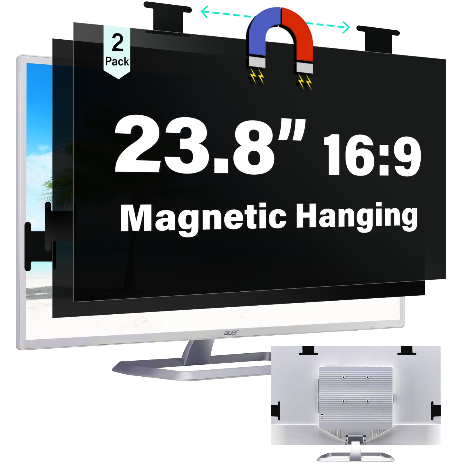 Photo 1 of [2 Pack] Magnetic Hanging 23.8 Inch Computer Privacy Screen for 16:9 Aspect Ratio Widescreen Monitor, Eye Protection Anti Glare Blue Light Computer Monitor Privacy Filter, Removable 23.8 in Protector Film