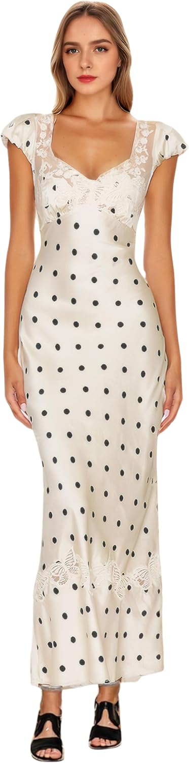 Women Polka Dot Dress Summer Boho Dresses for Women Sexy Lace Patchwork A-Line Maxi Dress with V-Neck Cap Sleeves